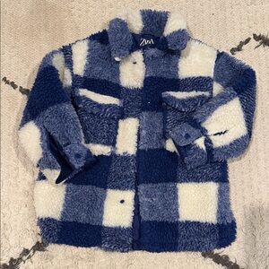Zara Navy and Cream Checkered Sherpa Jacket